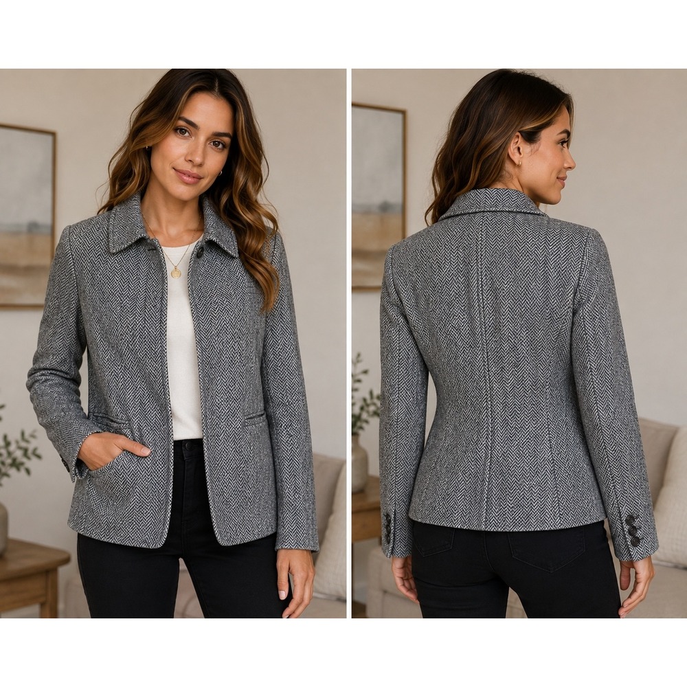 Lauren Ralph Lauren 8P Wool Herringbone Blazer Jacket Gray Petite Woolmark